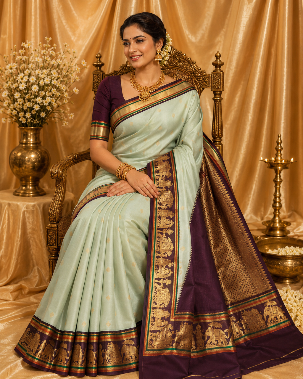 Elegant Mint Green Pure Kanchipuram Silk Saree with Traditional Korvai Border