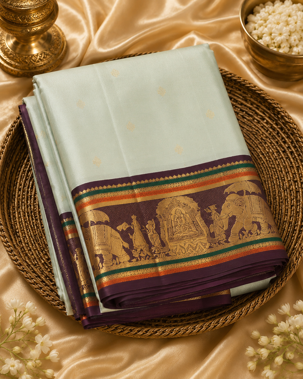 Elegant Mint Green Pure Kanchipuram Silk Saree with Traditional Korvai Border