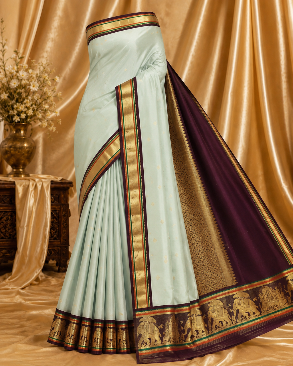 Elegant Mint Green Pure Kanchipuram Silk Saree with Traditional Korvai Border