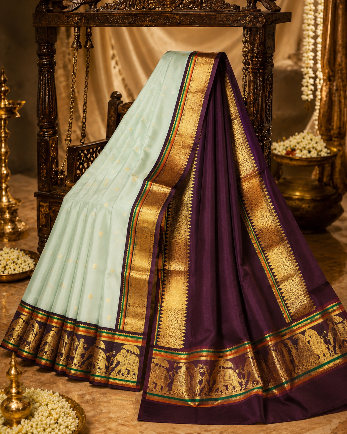 Elegant Mint Green Pure Kanchipuram Silk Saree with Traditional Korvai Border