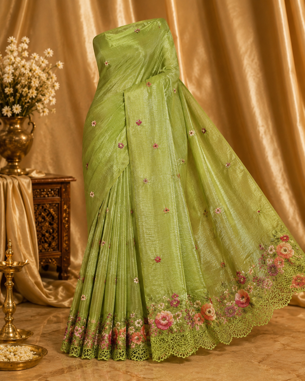 Elegant Olive Green Soft Crushed Tissue Saree with Floral Embroidery & Cutwork Border