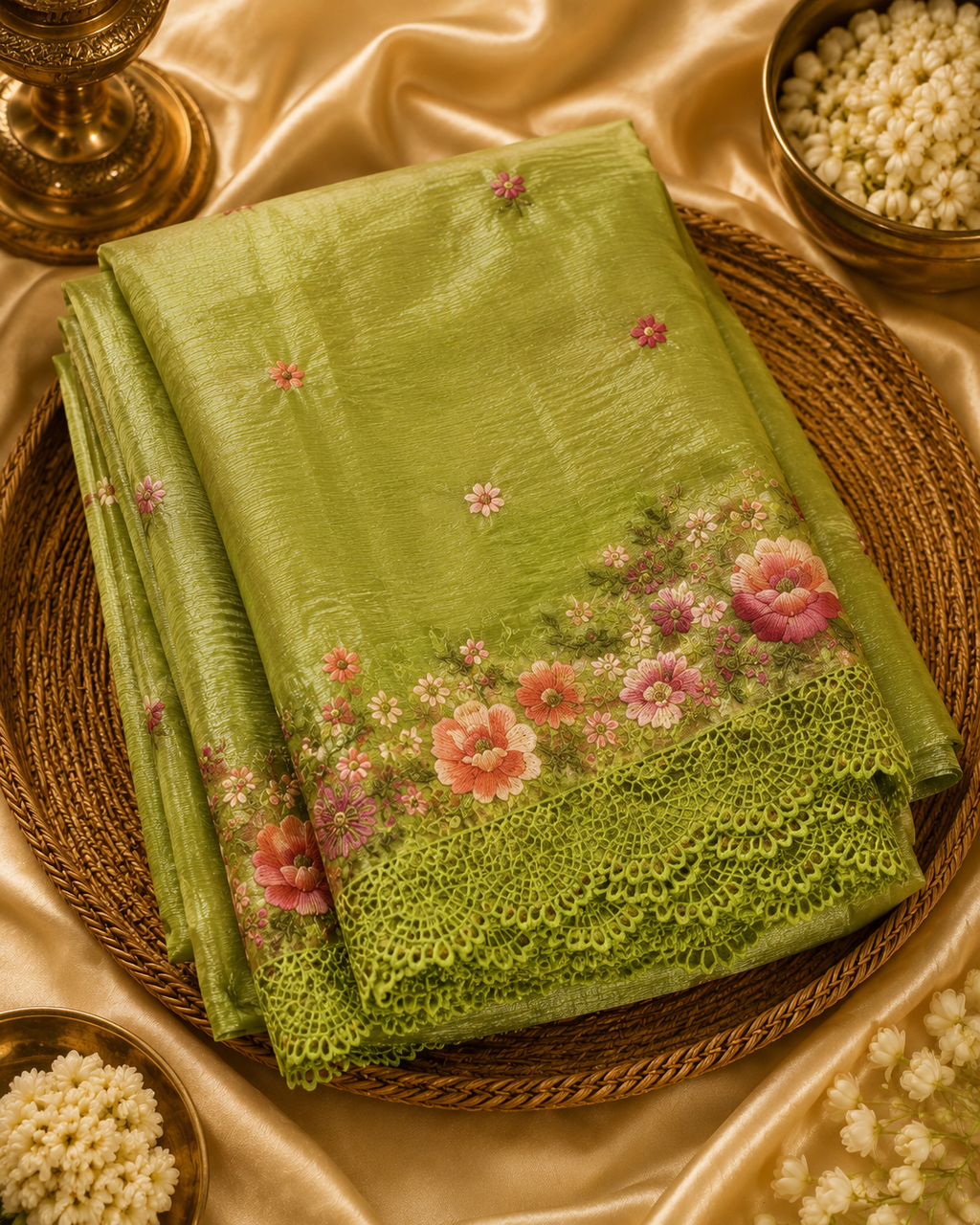 Elegant Olive Green Soft Crushed Tissue Saree with Floral Embroidery & Cutwork Border