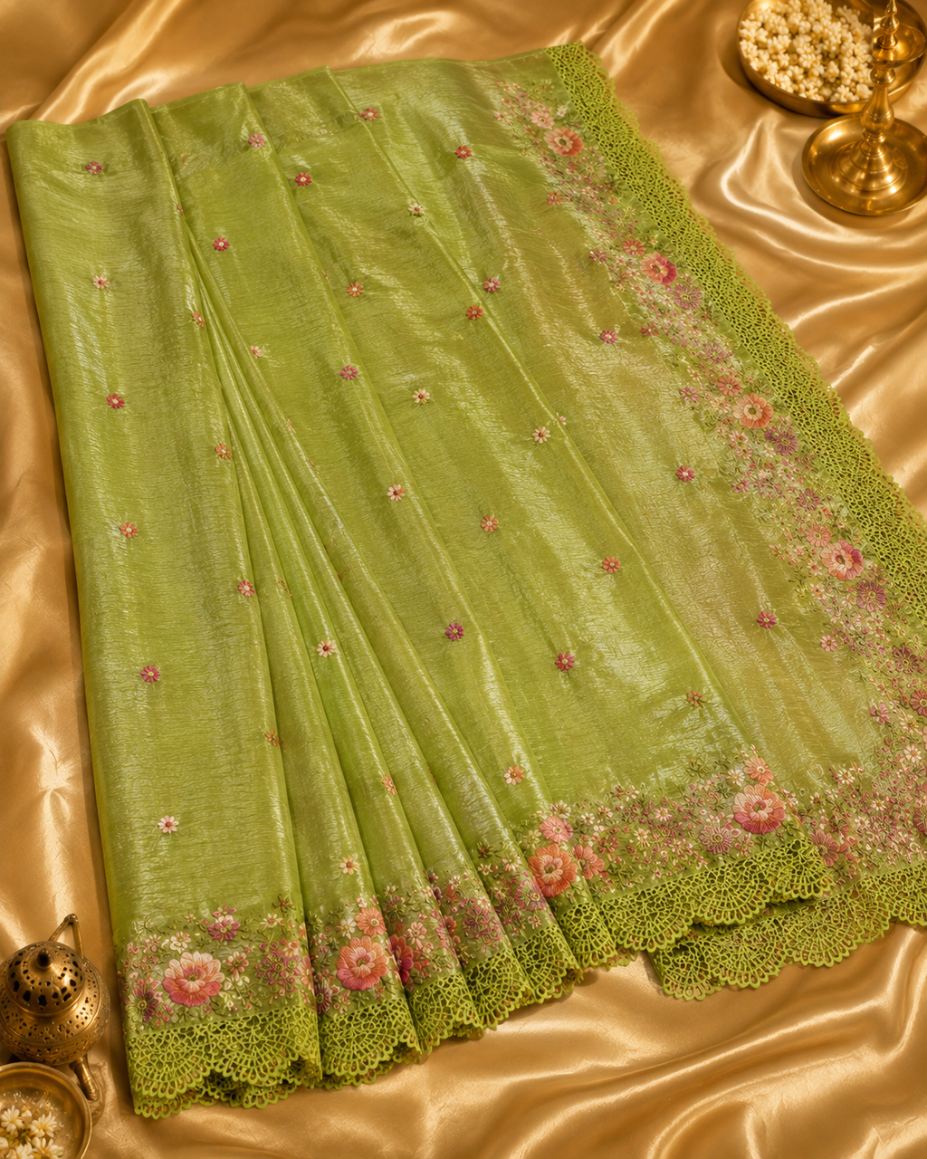 Elegant Olive Green Soft Crushed Tissue Saree with Floral Embroidery & Cutwork Border