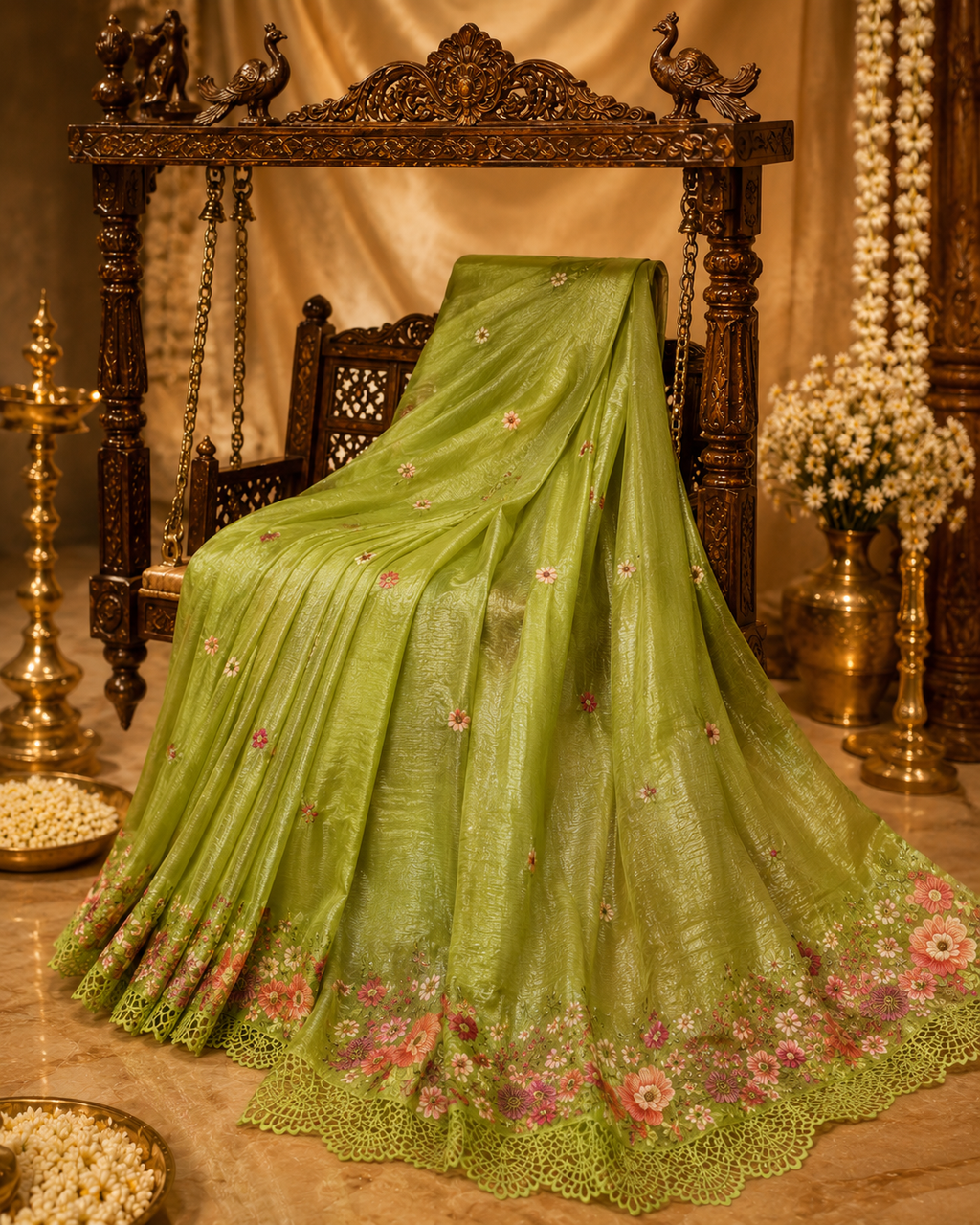 Elegant Olive Green Soft Crushed Tissue Saree with Floral Embroidery & Cutwork Border