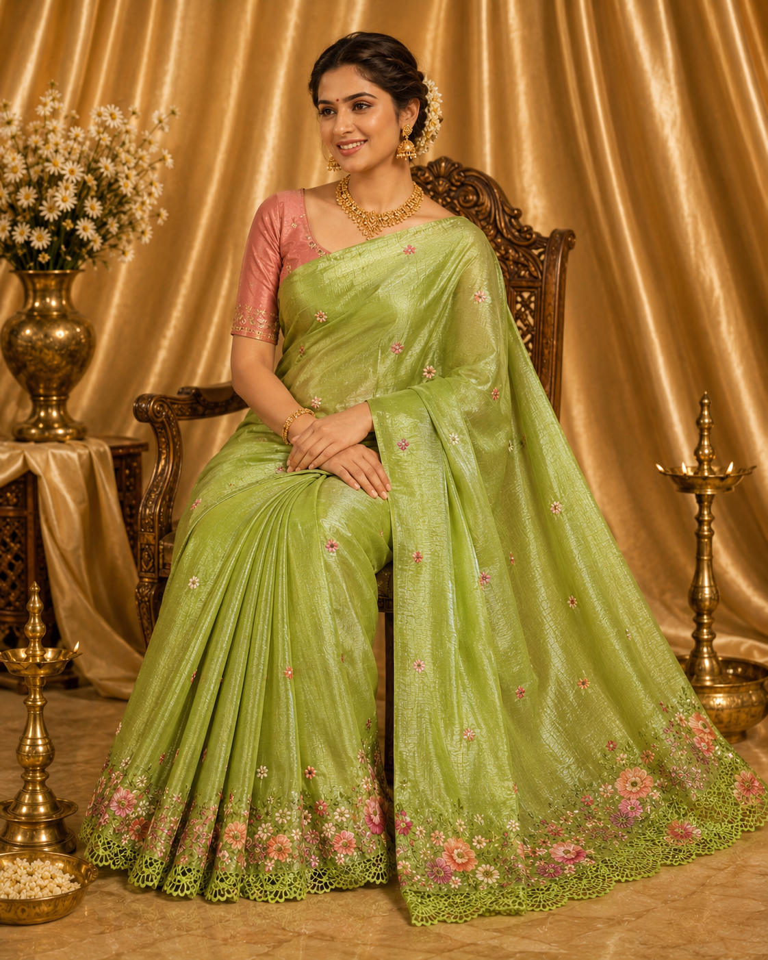 Elegant Olive Green Soft Crushed Tissue Saree with Floral Embroidery & Cutwork Border