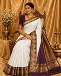 White Pure Kanchipuram Silk Saree with Brown Korvai Border