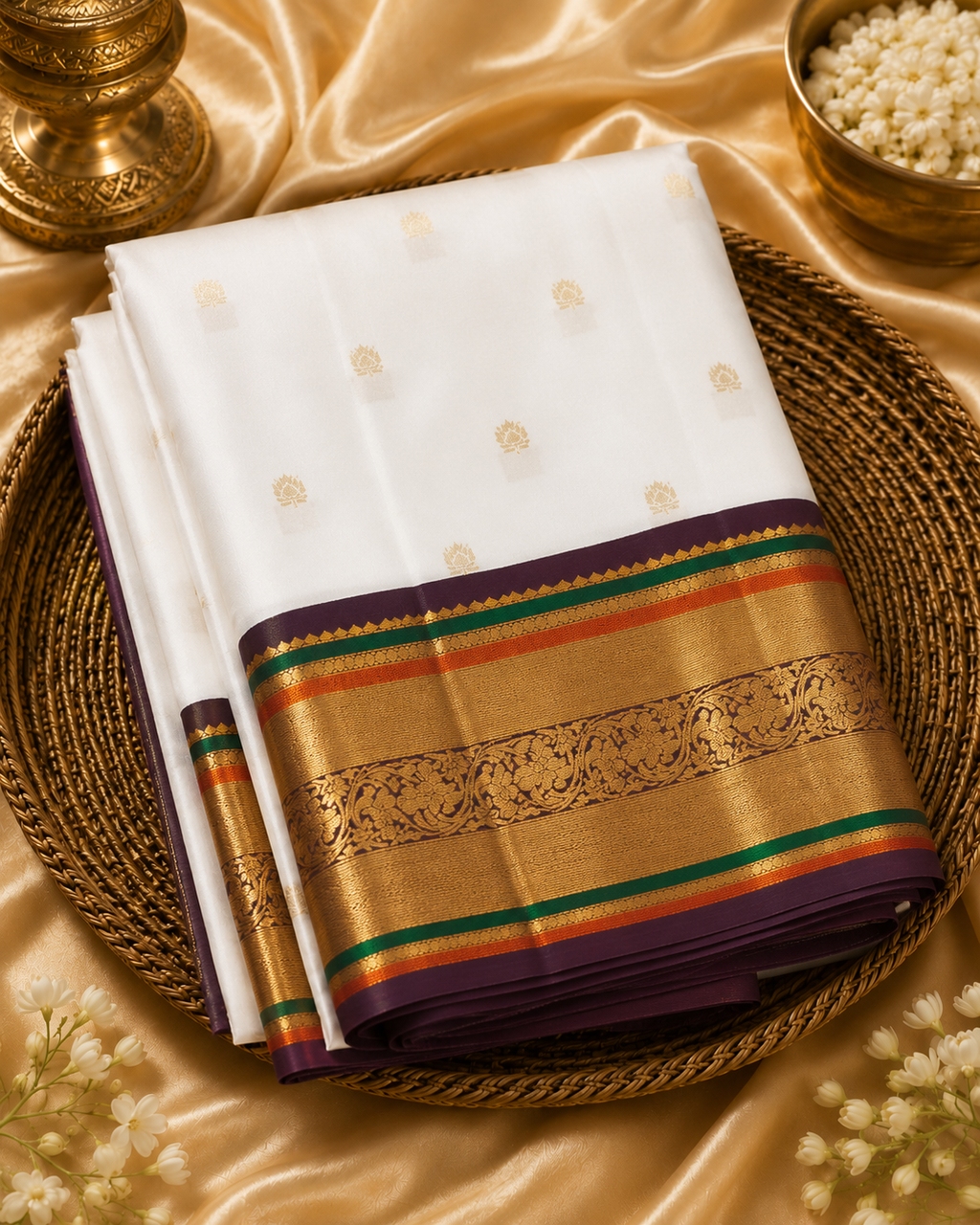 White Pure Kanchipuram Silk Saree with Brown Korvai Border