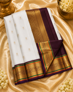 White Pure Kanchipuram Silk Saree with Brown Korvai Border