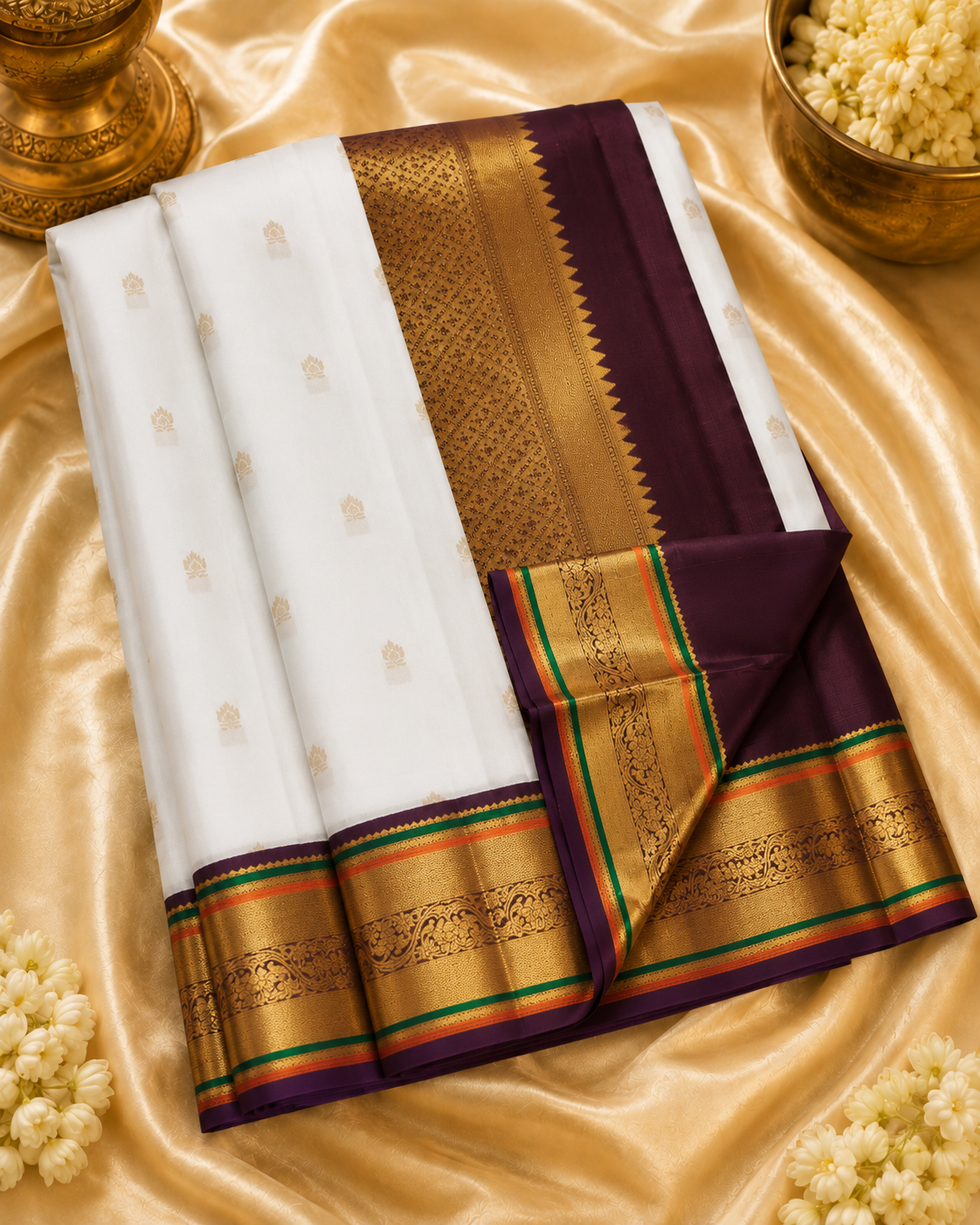 White Pure Kanchipuram Silk Saree with Brown Korvai Border