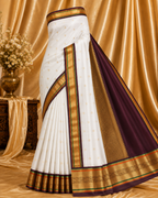 White Pure Kanchipuram Silk Saree with Brown Korvai Border
