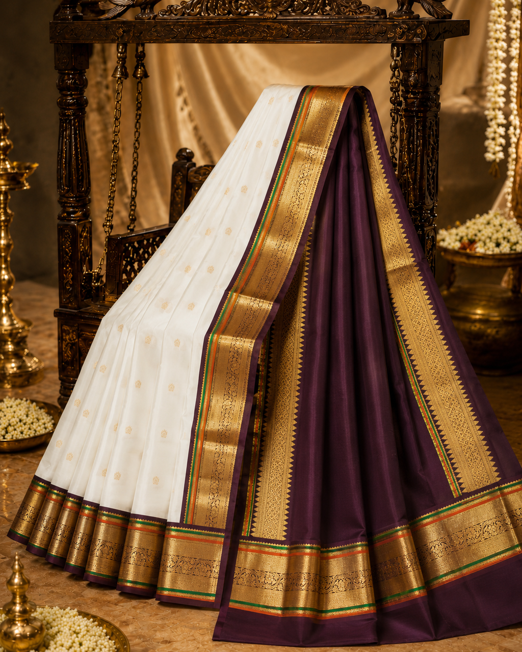 White Pure Kanchipuram Silk Saree with Brown Korvai Border