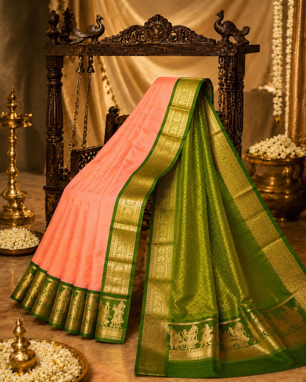 Peach Pure Kanchipuram Silk Saree with Green Korvai Border
