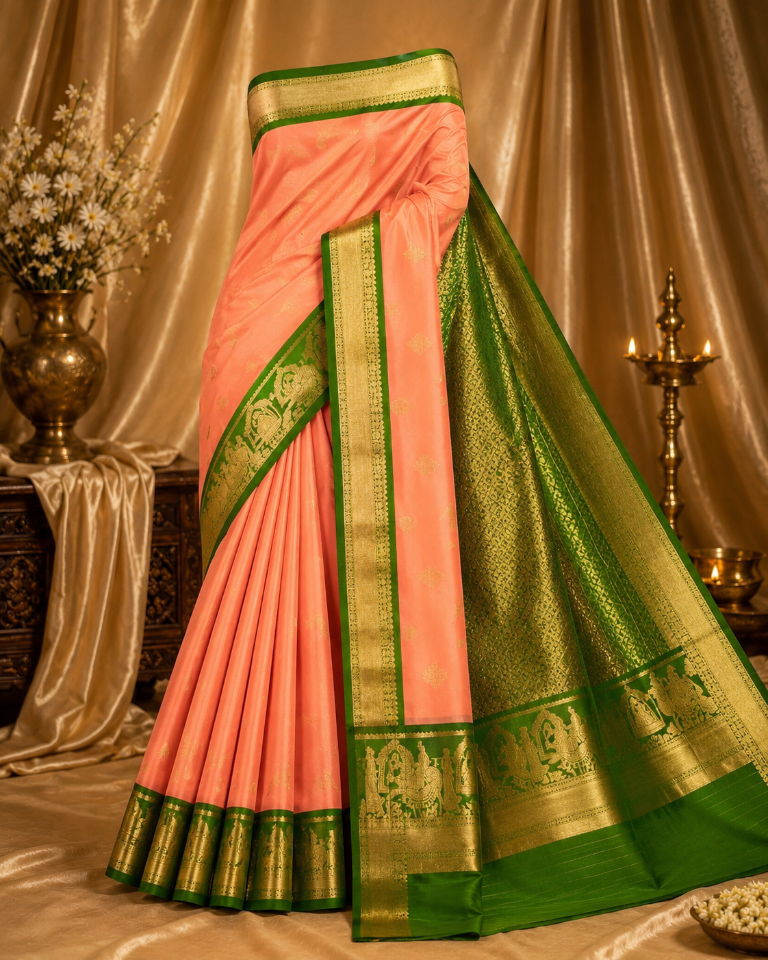 Peach Pure Kanchipuram Silk Saree with Green Korvai Border