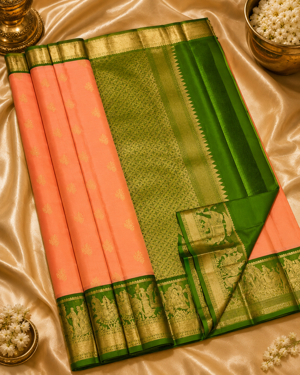 Peach Pure Kanchipuram Silk Saree with Green Korvai Border