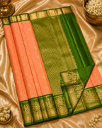 Peach Pure Kanchipuram Silk Saree with Green Korvai Border