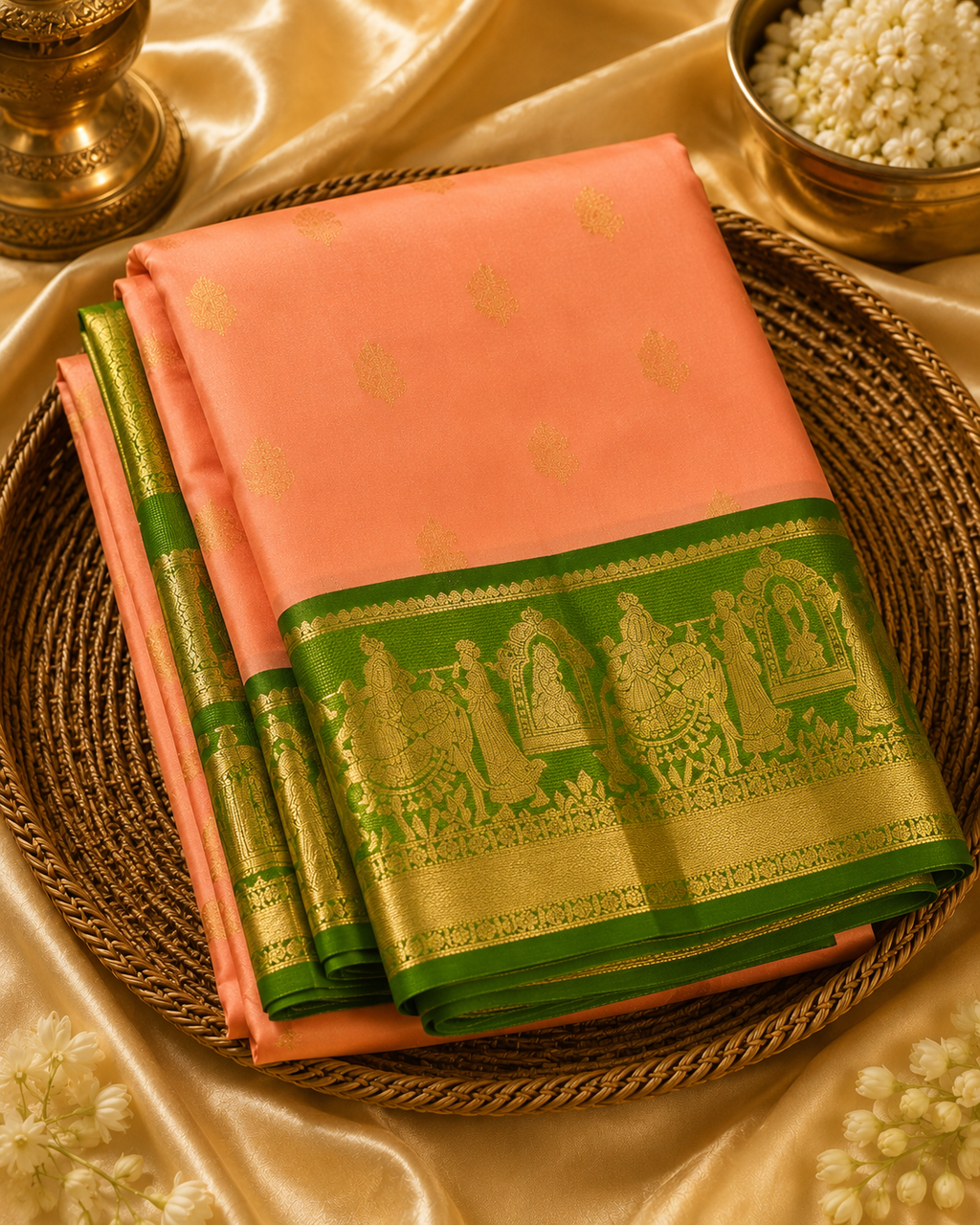 Peach Pure Kanchipuram Silk Saree with Green Korvai Border
