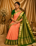 Peach Pure Kanchipuram Silk Saree with Green Korvai Border