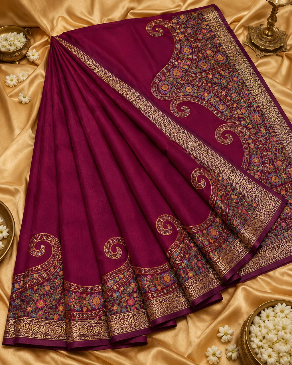 Elegant Wine Synthetic Chinon Saree with Embroidery & Swarovski Work