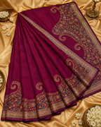 Elegant Wine Synthetic Chinon Saree with Embroidery & Swarovski Work