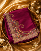 Elegant Wine Synthetic Chinon Saree with Embroidery & Swarovski Work