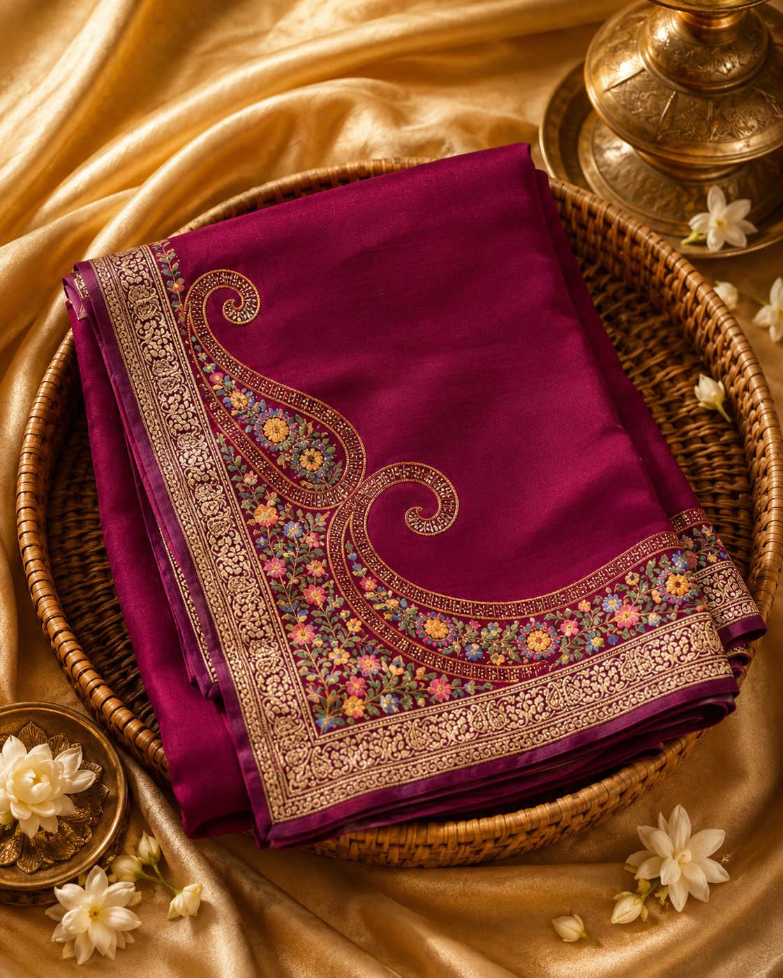 Elegant Wine Synthetic Chinon Saree with Embroidery & Swarovski Work