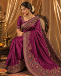 Elegant Wine Synthetic Chinon Saree with Embroidery & Swarovski Work