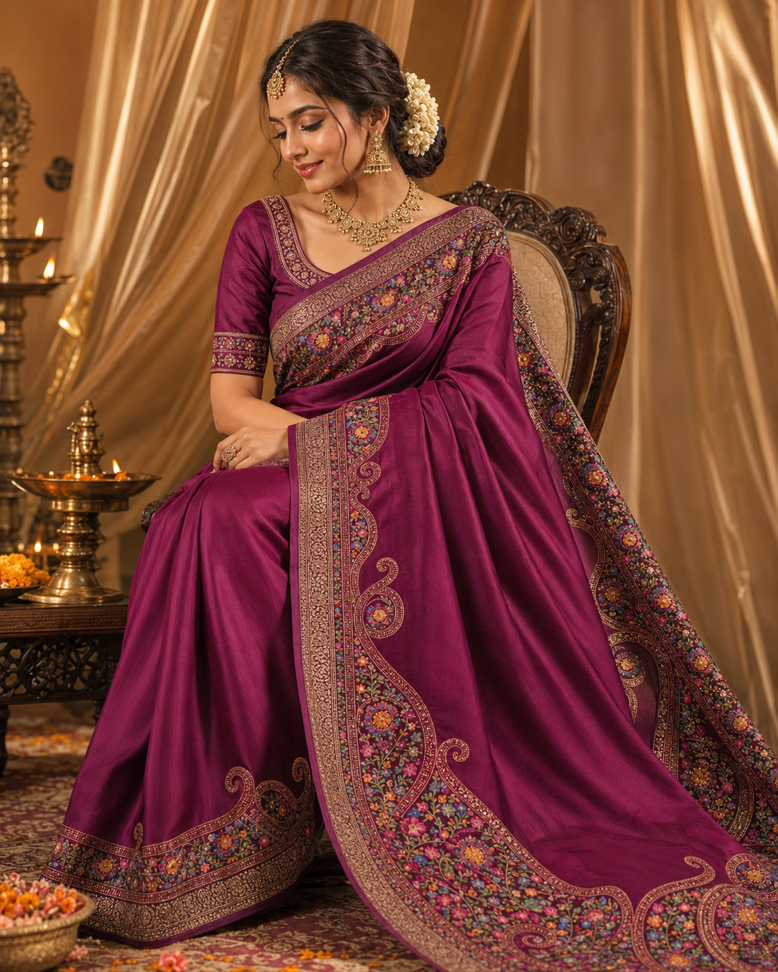 Elegant Wine Synthetic Chinon Saree with Embroidery & Swarovski Work