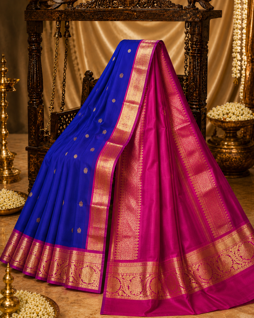Lightweight royal  Blue Kanchipuram Silk Saree with Fancy Pink Zari Border