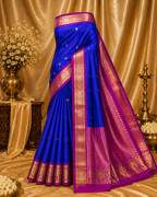 Lightweight royal  Blue Kanchipuram Silk Saree with Fancy Pink Zari Border