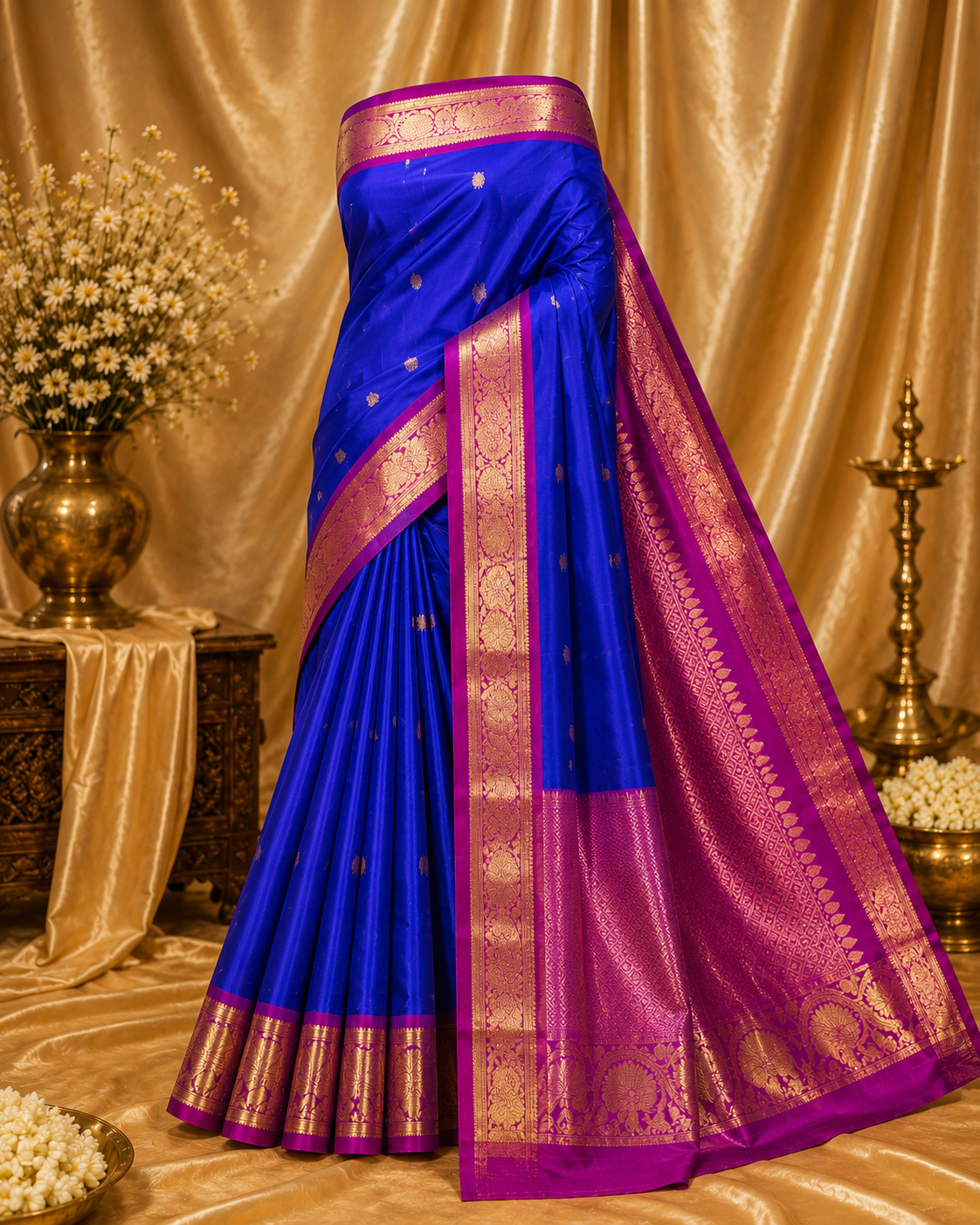 Lightweight royal  Blue Kanchipuram Silk Saree with Fancy Pink Zari Border