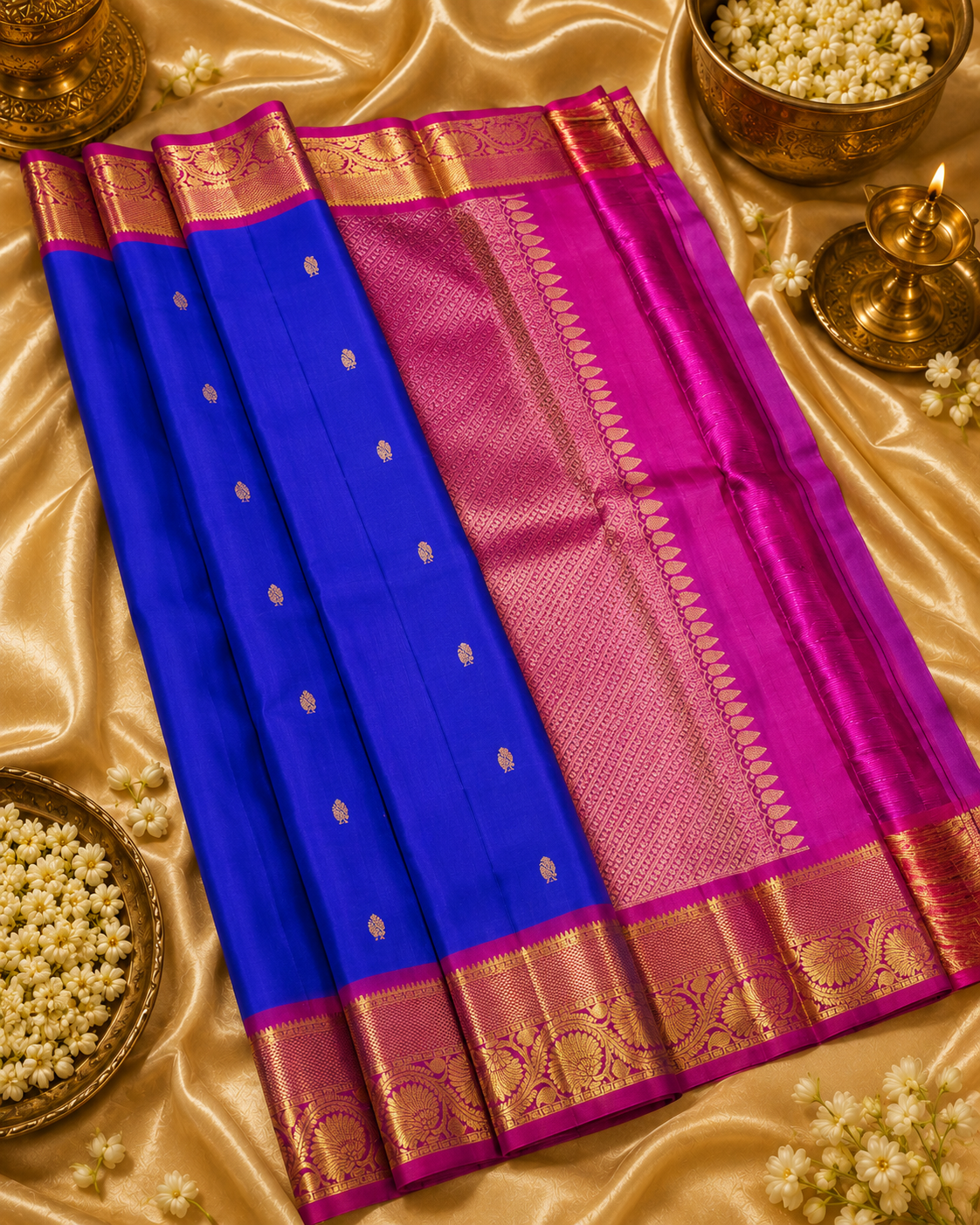 Lightweight royal  Blue Kanchipuram Silk Saree with Fancy Pink Zari Border