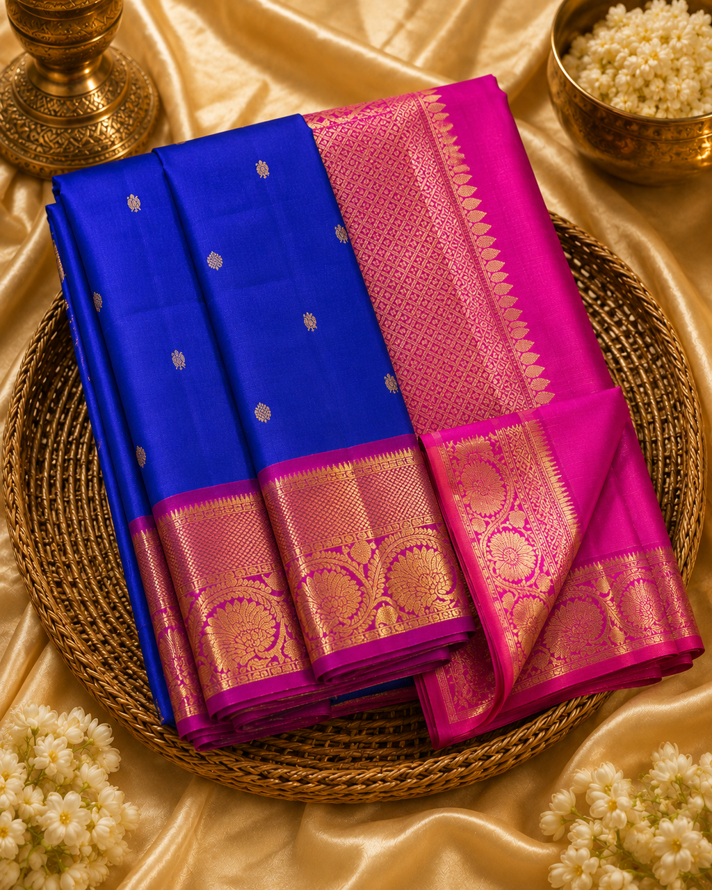 Lightweight royal  Blue Kanchipuram Silk Saree with Fancy Pink Zari Border