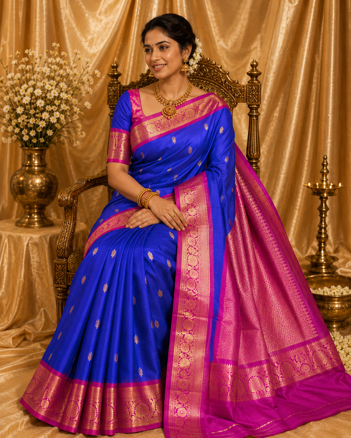 Lightweight royal  Blue Kanchipuram Silk Saree with Fancy Pink Zari Border