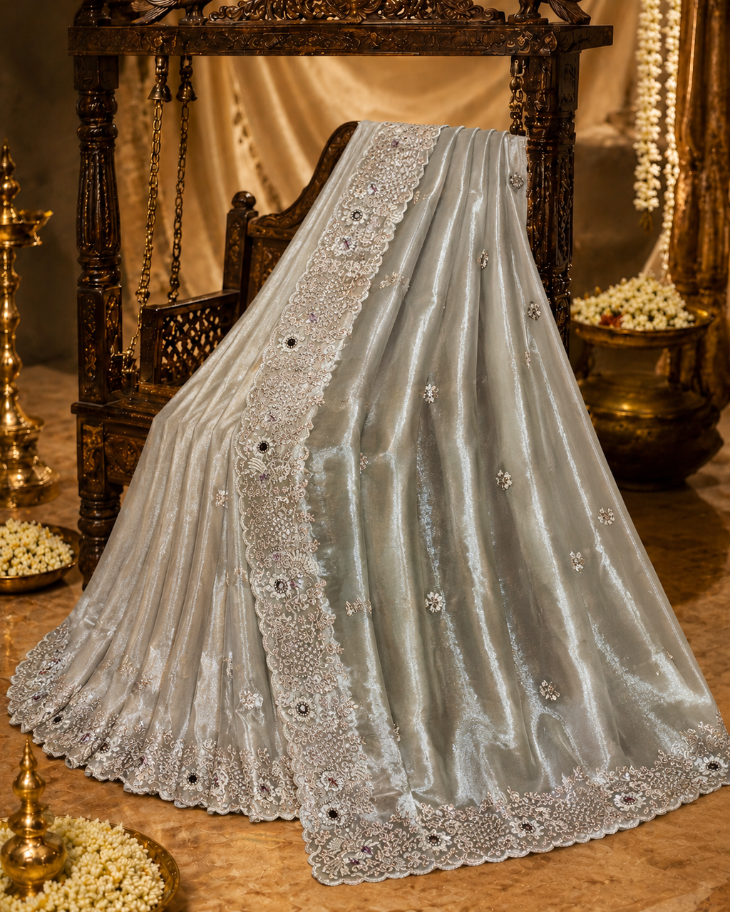 Premium Tissue Organza Saree with All Over Stone & Sequins Work