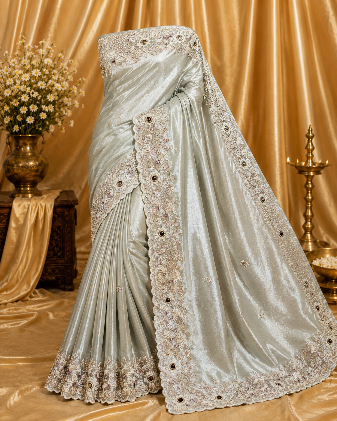 Premium Tissue Organza Saree with All Over Stone & Sequins Work