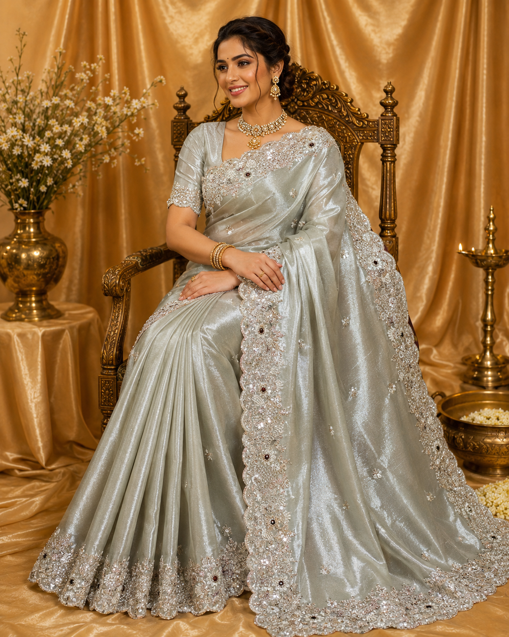 Premium Tissue Organza Saree with All Over Stone & Sequins Work