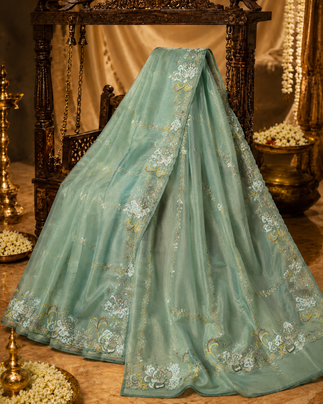Premium Sea Green Pure Tissue Saree with Fancy Coding, Pearl & Resham Work