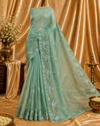Premium Sea Green Pure Tissue Saree with Fancy Coding, Pearl & Resham Work