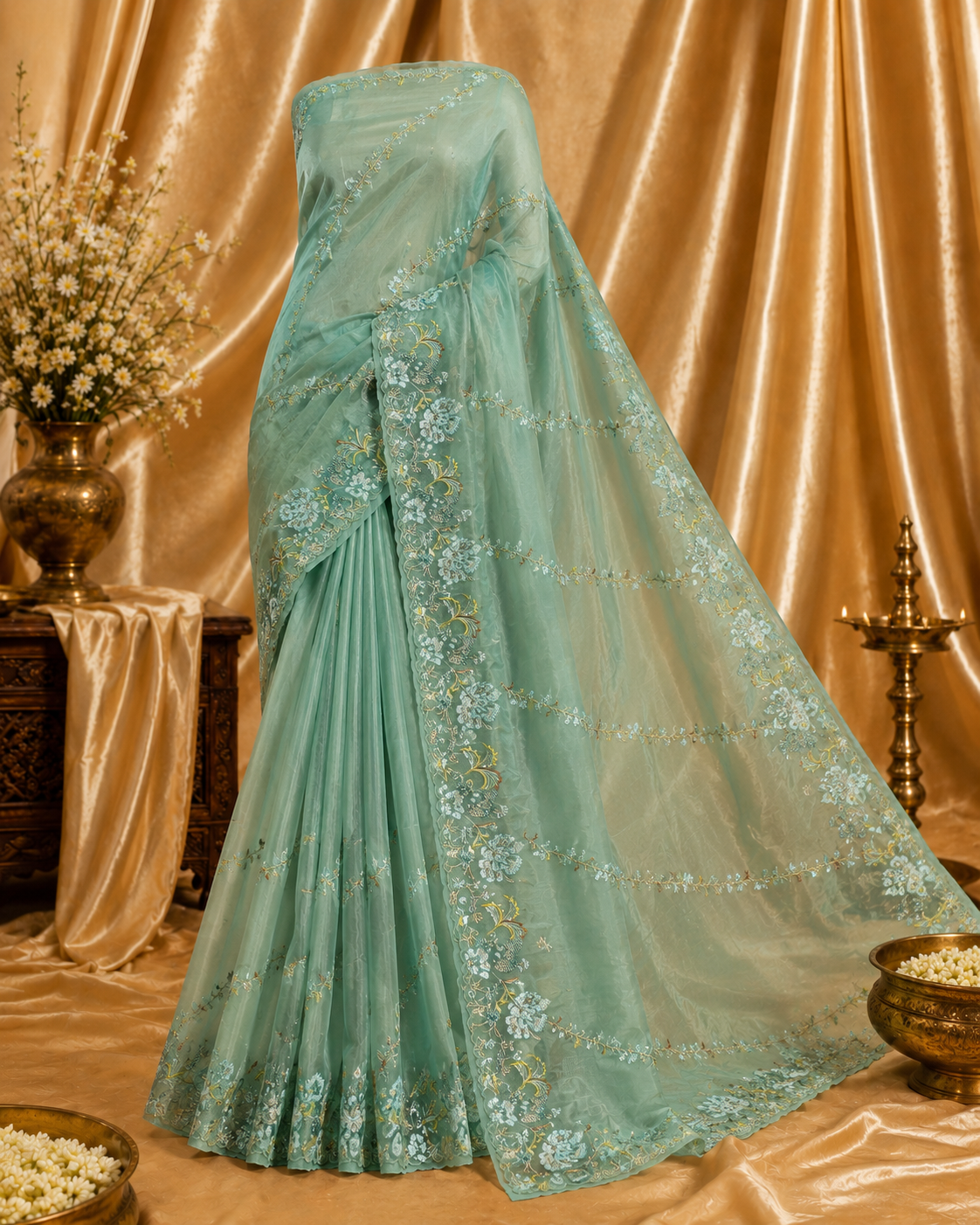 Premium Sea Green Pure Tissue Saree with Fancy Coding, Pearl & Resham Work