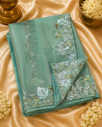 Premium Sea Green Pure Tissue Saree with Fancy Coding, Pearl & Resham Work