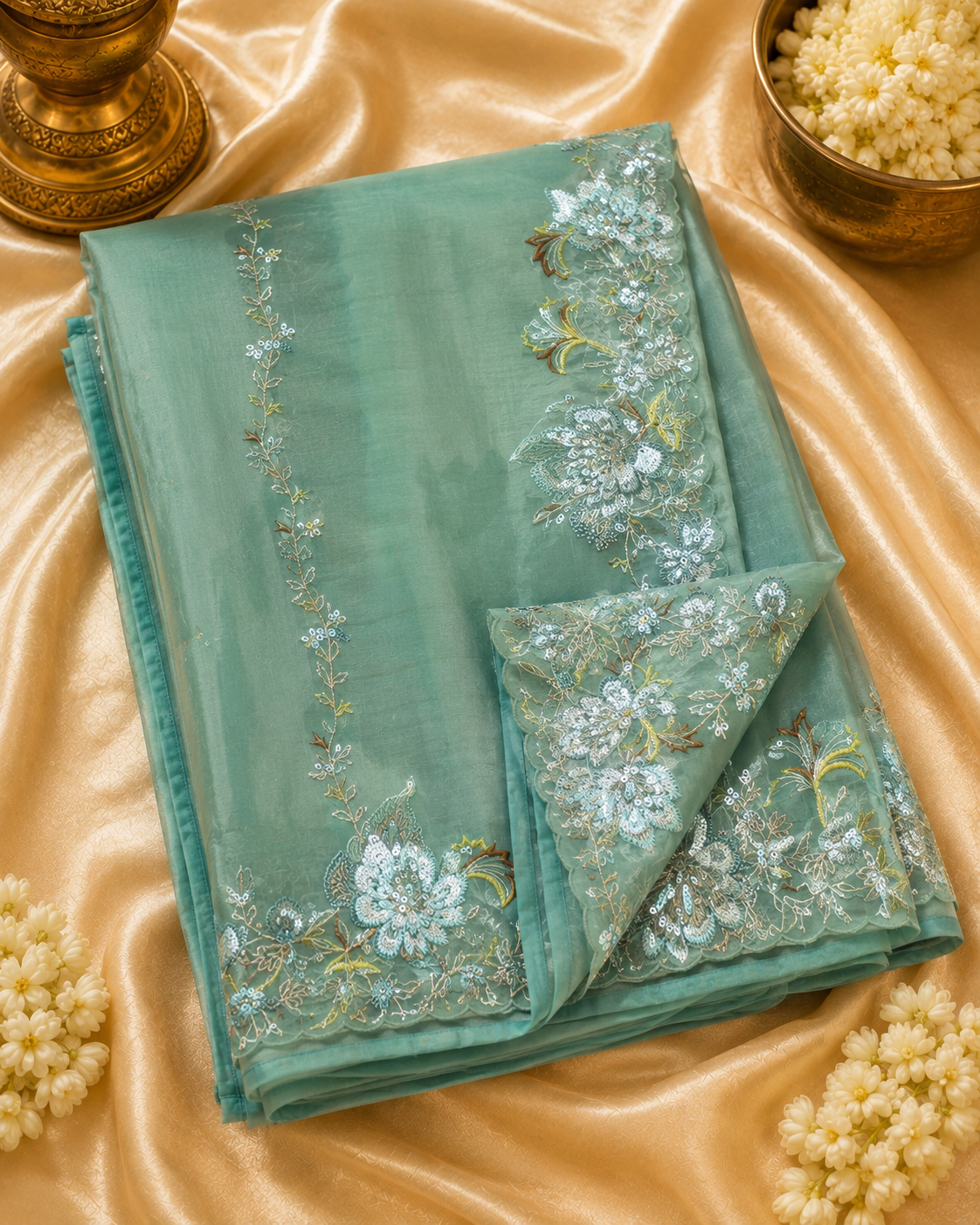 Premium Sea Green Pure Tissue Saree with Fancy Coding, Pearl & Resham Work
