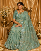 Premium Sea Green Pure Tissue Saree with Fancy Coding, Pearl & Resham Work