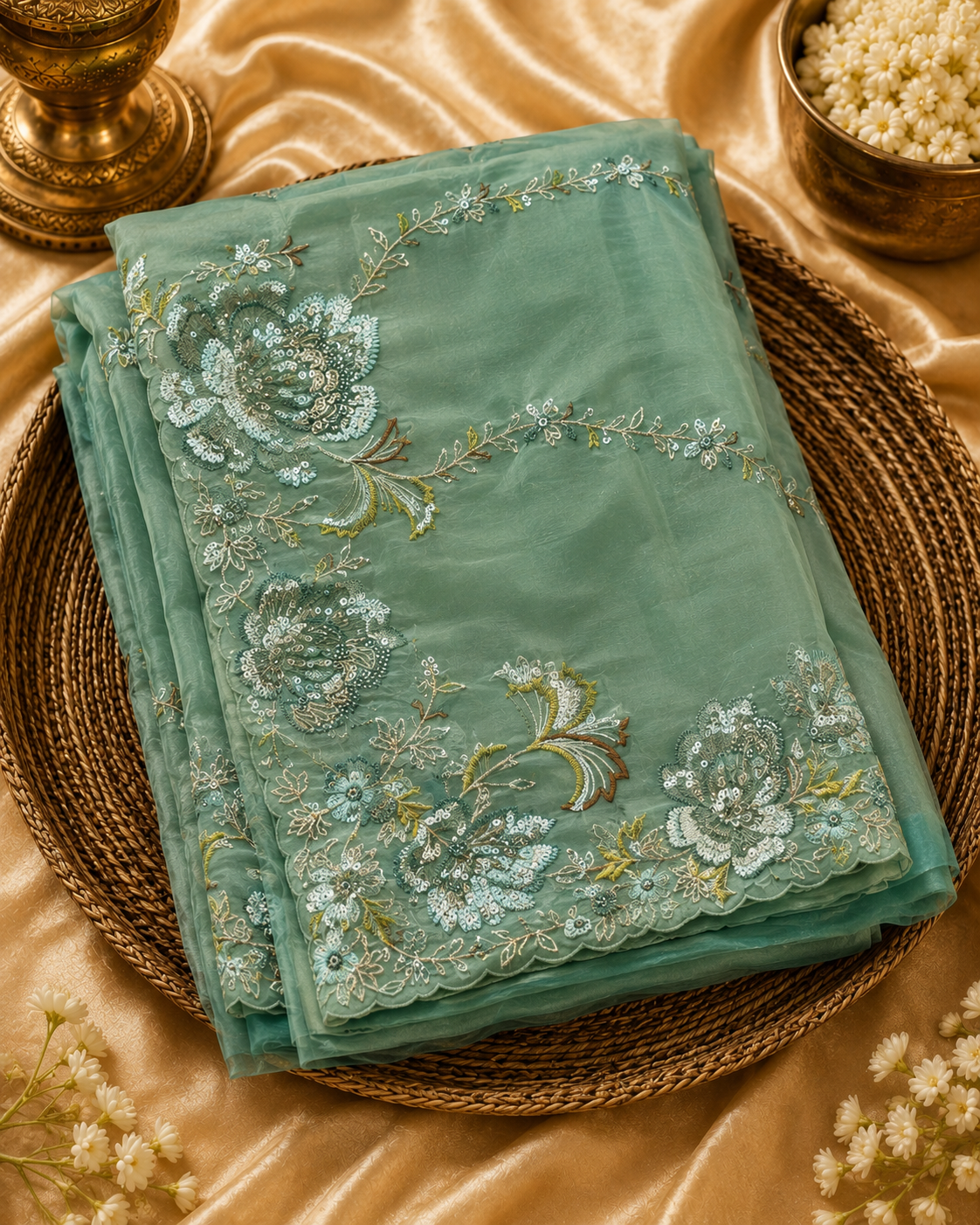 Premium Sea Green Pure Tissue Saree with Fancy Coding, Pearl & Resham Work