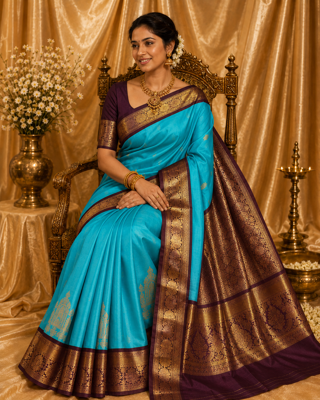 Turquoise Blue Pure Korvai Silk Saree with Temple Motifs