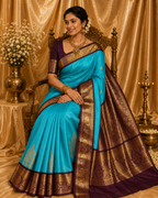 Turquoise Blue Pure Korvai Silk Saree with Temple Motifs