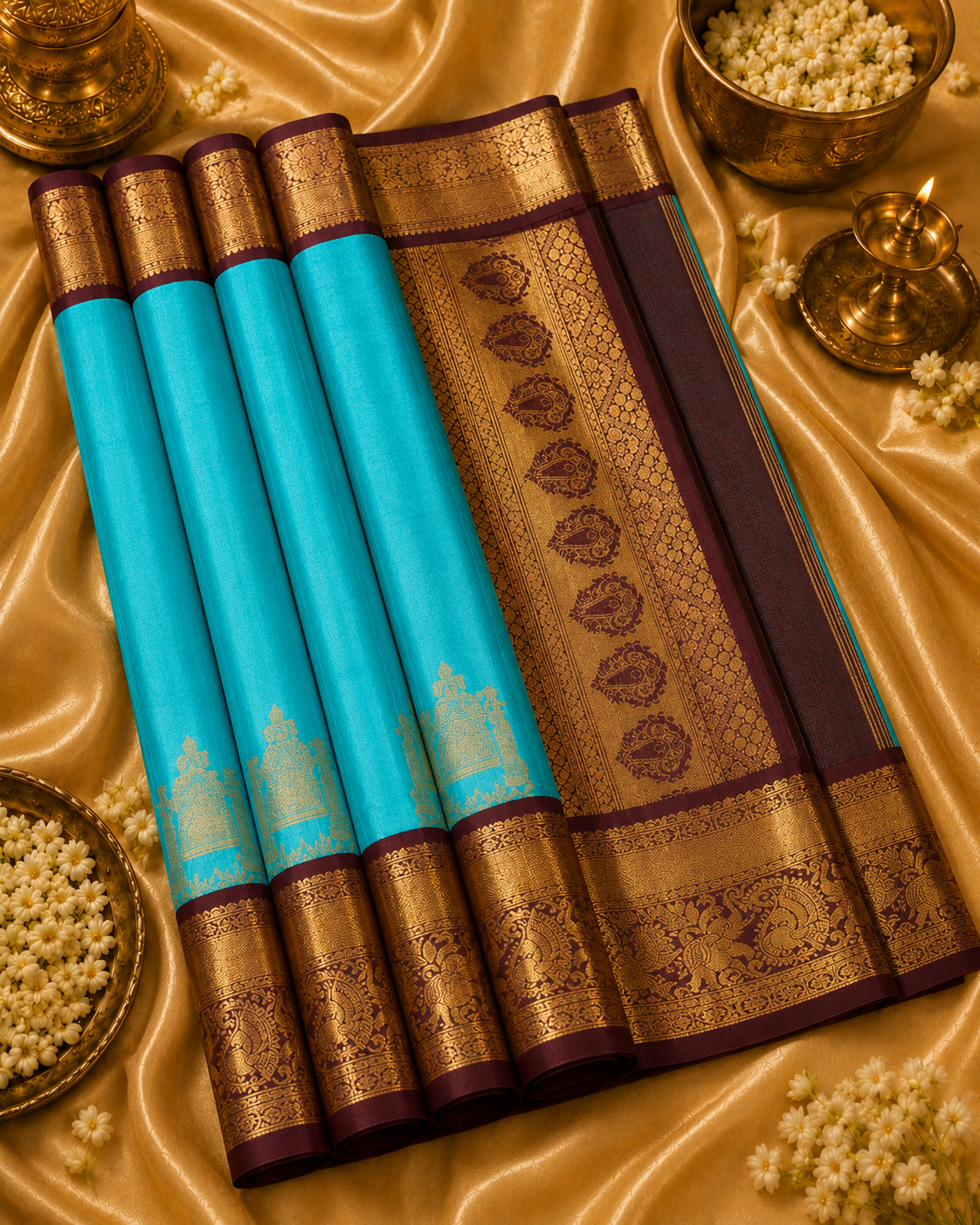 Turquoise Blue Pure Korvai Silk Saree with Temple Motifs