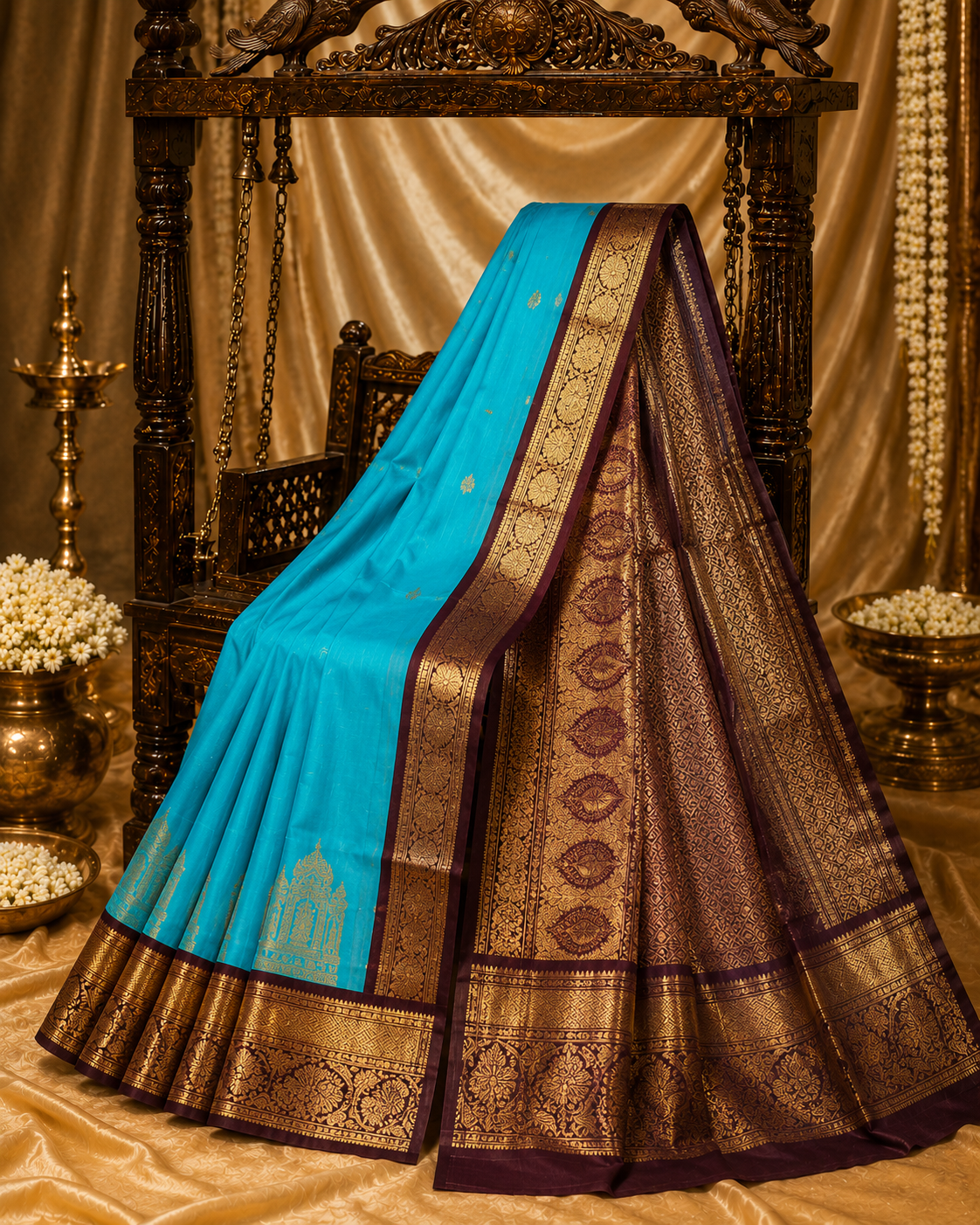 Turquoise Blue Pure Korvai Silk Saree with Temple Motifs