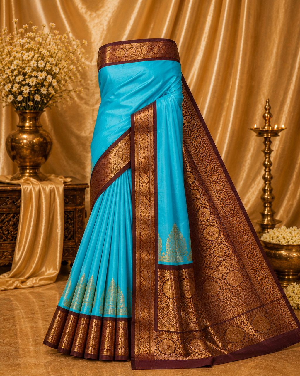 Turquoise Blue Pure Korvai Silk Saree with Temple Motifs