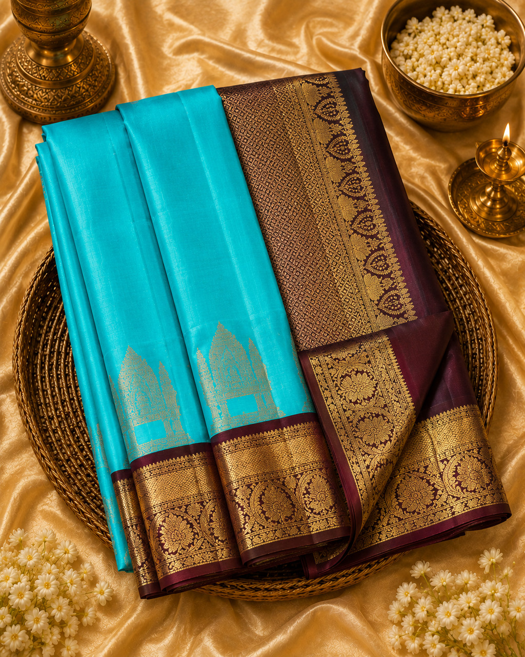 Turquoise Blue Pure Korvai Silk Saree with Temple Motifs