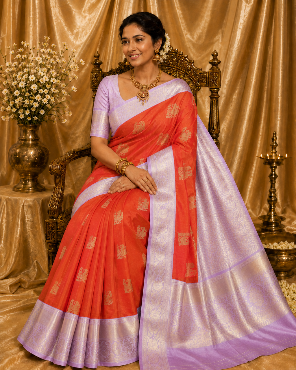 Vermilion Orange & Lavender Pure Korvai Silk Saree with Peacock Motifs